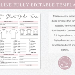 May include: A printable T-shirt order form template with sections for order details, customer details, payment and delivery, and amount. The form includes options for adult and youth sizes, color choices, sleeve styles, and payment methods. The template is designed for use with Canva.