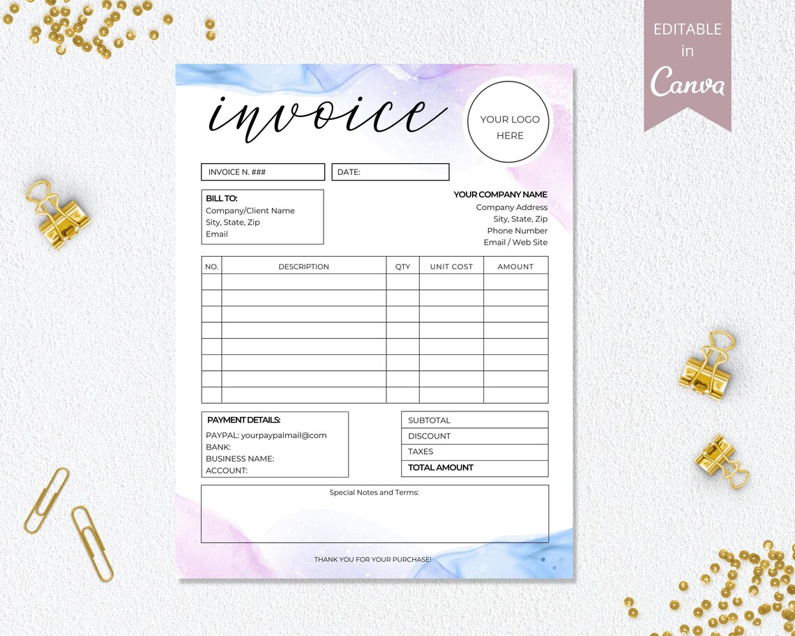 Editable Invoice Template, Small Business Canva Template, Printable ...