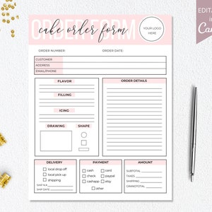 Cake Order Form Editable, Bakery Order Form Printable, Small Business Forms, Business Templates, Cookie Order Form, Canva Template. Dtp-004