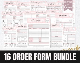 May include: A set of 16 printable order forms for various products, including tumblers, cake orders, hoodies, t-shirts, face masks, wine glasses, wooden signs, and more. The forms are designed in a pink and white color scheme with black text and lines. The forms are editable in Canva.