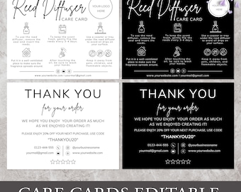 May include: A set of four editable care cards with a black and white design. The top two cards are for reed diffusers, with instructions and a place for a logo. The bottom two cards say "THANK YOU for your order" and include contact information and a discount code.
