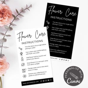 de Carte de vœux pour fleurs sur toile | Carte d'entretien des plantes modifiable pour fleurs fraîchement coupées | Encarts pour fleuriste, remerciement à la livraison, instructions d'entretien