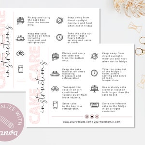 ケーキのお手入れカード テンプレート、Canva で編集可能なウェディング ケーキのお手入れカード、印刷可能なケーキのお手入れガイド、ケーキのお手入れ方法、即時ダウンロード。DTP-031