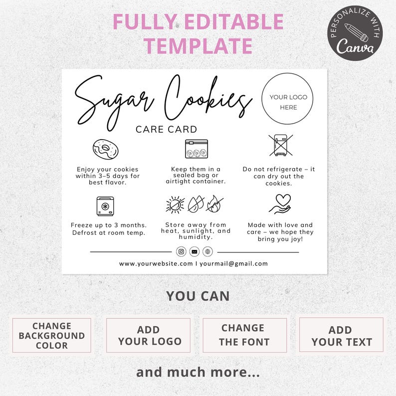 sugar cookies care card, care instructions, editable canva template
