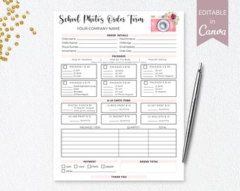 School Photography Preschool Photos Order Form, Printable Photography Order Forms, Photo Invoice, 100% Editable Template. DTP-004