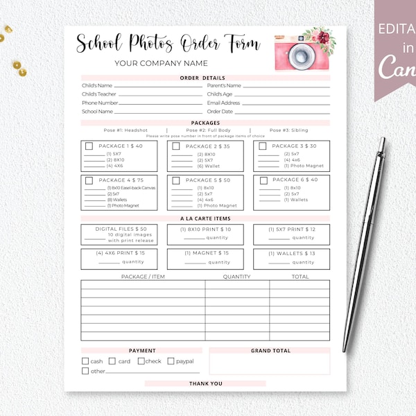 School Photography Preschool Photos Order Form, Printable Photography Order Forms, Photo Invoice, 100% Editable Template. DTP-004