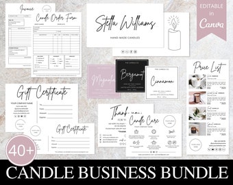May include: A collection of printable candle business templates, including invoices, order forms, gift certificates, price lists, and candle care instructions. The designs feature elegant typography and a minimalist aesthetic, with the text "Candle Business Bundle" at the bottom.