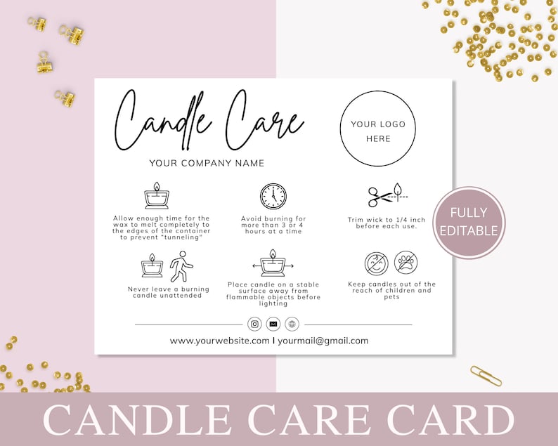 May include: A white candle care card with black text and icons. The card includes instructions for candle use, such as trimming the wick to 0.6 cm and avoiding burning for more than 3-4 hours. The card is fully editable.