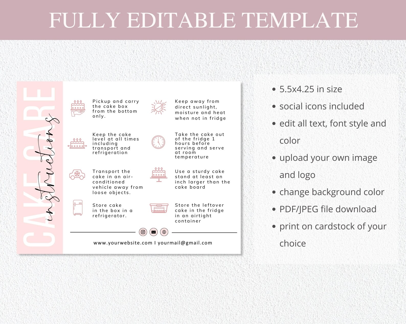 Cake Care Card Template Canva Editable Wedding Cake Care | Etsy