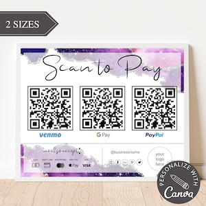 Skanuj i zapłać, podpisuj, edytowalny szablon Canva, szablon podpisu z kodem QR, podpis CashApp PayPal dla małych firm, płatność Venmo do wydrukowania.