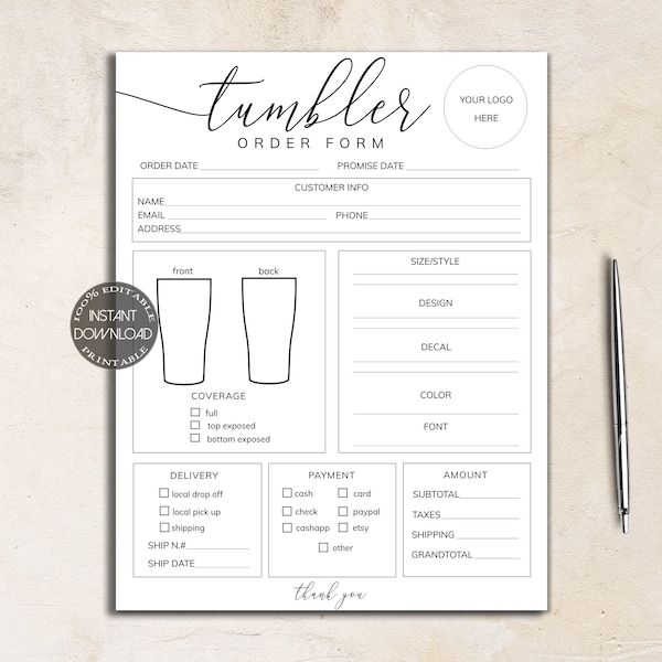 Tumbler Order Form Editable, Custom Order Form Template, Printable Craft Business Form, Digital Tumbler Order Forms. Dtp-004