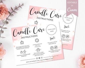 May include: Pink and gold candle care instructions with a watercolor background. The instructions include trimming the wick, allowing enough time for the wax to melt, and keeping candles out of reach of children and pets. The text also includes the website and email address.