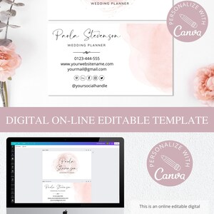 Puede incluir: Una plantilla digital para una tarjeta de visita de un planificador de bodas. La tarjeta presenta un fondo de acuarela rosa con un c&iacute;rculo y el texto "Paola Stevenson Wedding Planner". El texto "Personalizar con Canva" tambi&eacute;n est&aacute; incluido en un c&iacute;rculo.