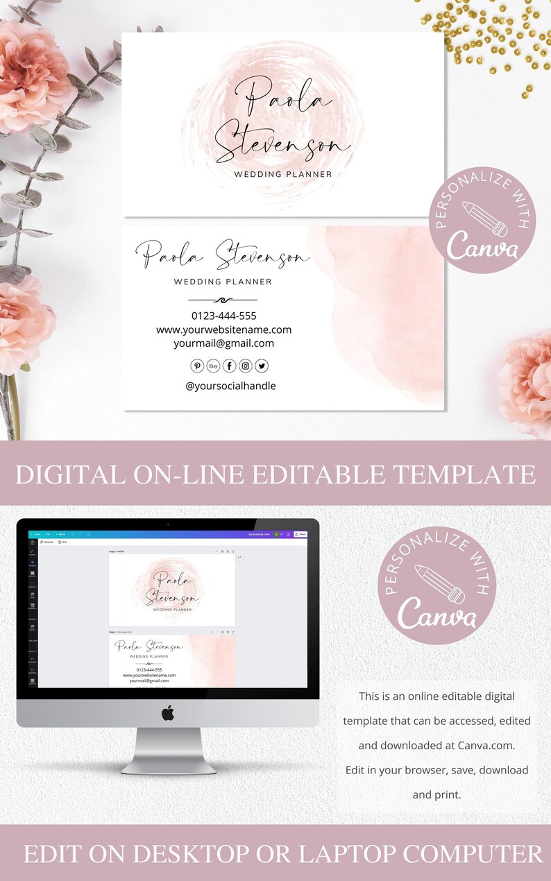 Puede incluir: Una plantilla digital para una tarjeta de visita de un planificador de bodas. La tarjeta presenta un fondo de acuarela rosa con un c&iacute;rculo y el texto "Paola Stevenson Wedding Planner". El texto "Personalizar con Canva" tambi&eacute;n est&aacute; incluido en un c&iacute;rculo.