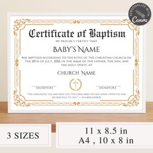Plantilla de certificado de bautismo editable en Canva / Formulario de bautismo de iglesia personalizable / Recuerdo de bautismo imprimible