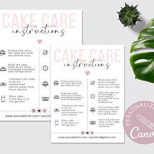 Modèle de carte d'entretien pour gâteau, cartes d'entretien pour gâteau de mariage modifiables Canva, guide d'entretien pour gâteau imprimable, instructions pour le gâteau, téléchargement immédiat. DTP-031