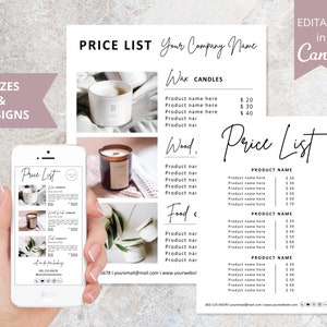 Plantilla de lista de precios de velas, lista de precios de panadería editable en Canva, lista de precios de spa, guía de precios para pequeñas empresas, hoja de precios de cupcakes.
