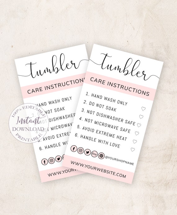Tumbler Care Cards Editable Template Printable Tumbler Care | Etsy