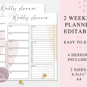 2 Editable Weekly Planner, ADHD Planner Printable, Canva Template, Weekly Plan, Weekly Productivity Planner Printable.  USLetter - A4 Size.