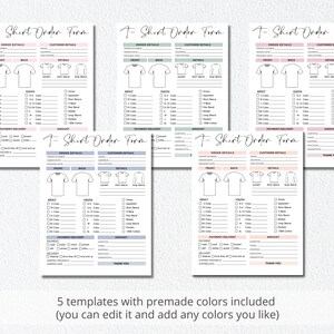 May include: Five printable T-shirt order forms with premade color options. Each form includes sections for order details, customer details, payment and delivery information, and an area for the customer's signature. The forms are designed with a simple, modern aesthetic and feature a light pink, light blue, and light green color scheme.