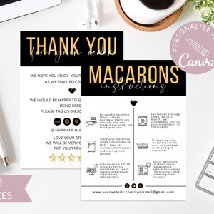 May include: Black and gold thank you card with instructions for storing macarons. The card includes social media icons, a star rating, and the text "Thank you for your order".