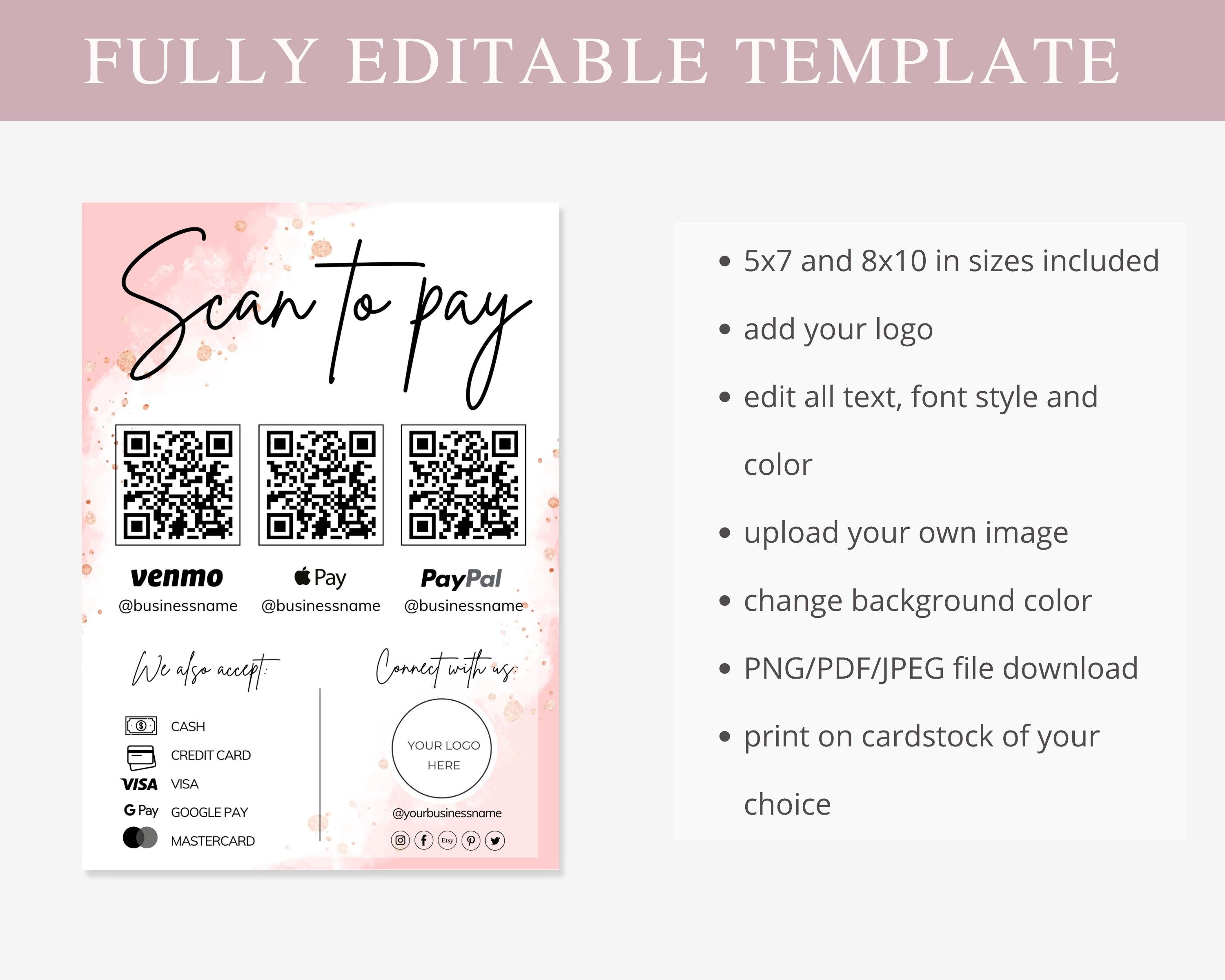 Editable Scan Code Editable Scan to Pay Card, Editable Canva Template, QR Code Sign ...