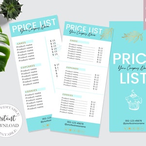 Teal Kuchen Preisliste Vorlage, Canva Bearbeitbare Bäckerei Preisliste, Kekse Preisliste, Business Preisführer, Cupcakes Rosa Preisblatt.