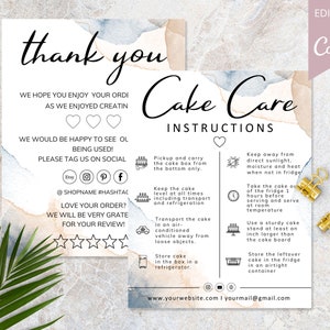 Puede incluir: Una tarjeta de agradecimiento con un fondo de acuarela e instrucciones para el cuidado de la torta. La tarjeta incluye un icono de corazón, iconos de redes sociales y una calificación de cinco estrellas. Las instrucciones incluyen consejos para almacenar, transportar y servir la torta.