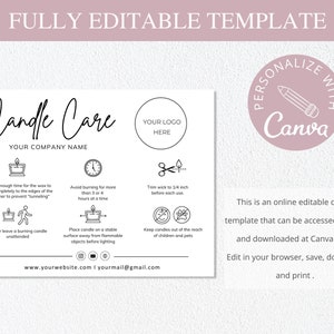 May include: A white and pink digital template with candle care instructions. The template includes text such as "Candle Care" and "Your Company Name", along with icons and instructions for candle use. The template is editable and downloadable on Canva.