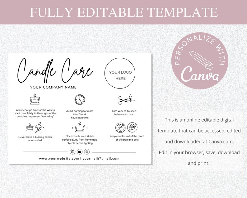 May include: A white and pink digital template with candle care instructions. The template includes text such as "Candle Care" and "Your Company Name", along with icons and instructions for candle use. The template is editable and downloadable on Canva.