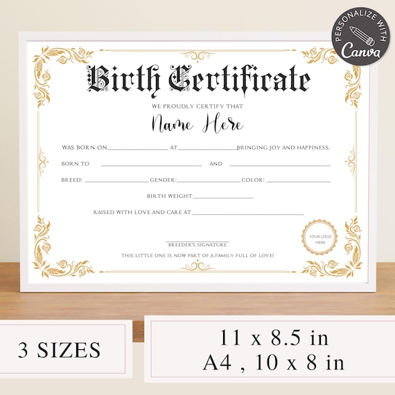 Editable Pet Birth Certificate | Puppy Certificate Canva Template | Dog Breeder Forms, Pet Adoption, New Puppy Owner, Adoption Sign