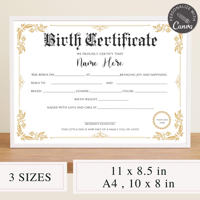 editable canva template, pupy birth certificate, dog birthday, 	
cat certificate, pet adoption