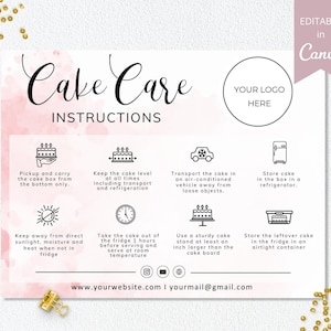 Modèle de carte d'entretien pour gâteau, cartes d'entretien pour gâteau de mariage modifiables Canva, guide d'entretien pour gâteau imprimable, instructions pour le gâteau, téléchargement immédiat. DTP-031