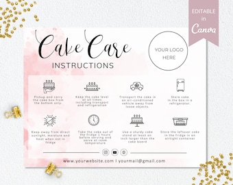 Cake Care Card Template | Editable Canva | Bakery Care Guide Instant Download