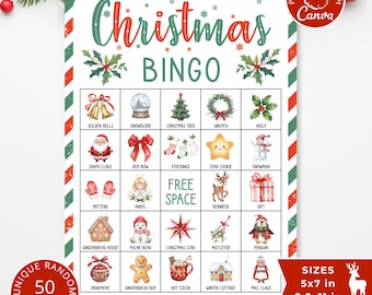 May include: A Christmas Bingo game card with a festive design. The card features a grid with various holiday-themed images like a snowman, Santa Claus, and a Christmas tree. The text "Christmas Bingo" is displayed at the top. The card is available in 5x7 inch and 8.5x11 inch sizes.
