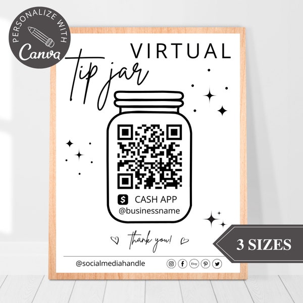 Plantilla de Canva de signo de tarro de propina virtual, signo de código QR para pequeñas empresas, signo de pago de escaneo para pagar, signo de pago de escaneo de CashApp, signo de boda