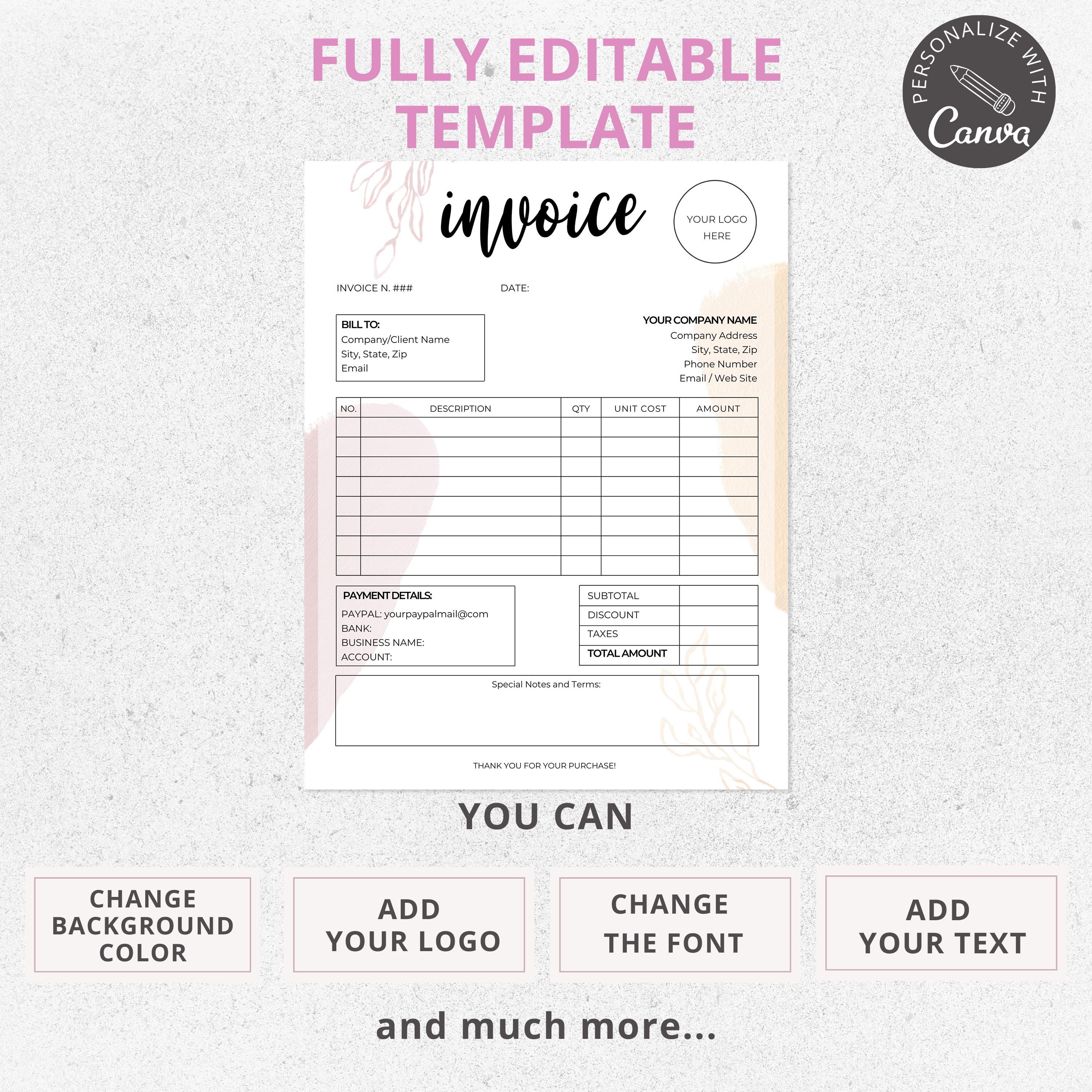 Editable Invoice Template for Canva | Custom Invoice for Small Business ...