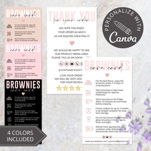 Brownies Pflege Kartenvorlage I Canva Template I Cookie Dankes-Karten I Bearbeitbare Kuchen Anleitungs-Karte I Custom Care Card.