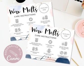 Wax Melts Care Card Editable Template, Canva Template, Printable Wax Melts Instructions Card, Small Business Wax Melt Care Cards.
