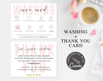 Tarjeta de instrucciones de lavado I Plantilla editable de Canva I Tarjeta de inserción de camiseta de la tienda Etsy I Inserción de empaque imprimible I Tarjeta de presentación pequeña