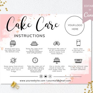 Modèle de carte d'entretien pour gâteau, cartes d'entretien pour gâteau de mariage modifiables Canva, guide d'entretien pour gâteau imprimable, instructions pour le gâteau, téléchargement immédiat. DTP-031