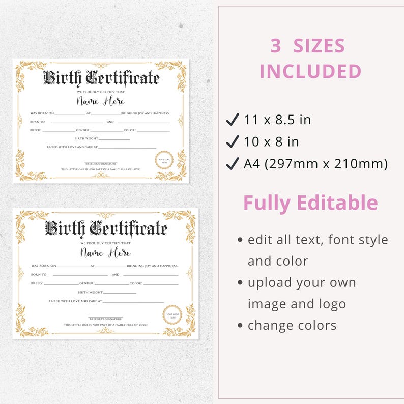 editable canva template, pupy birth certificate, dog birthday, 	
cat certificate, pet adoption
