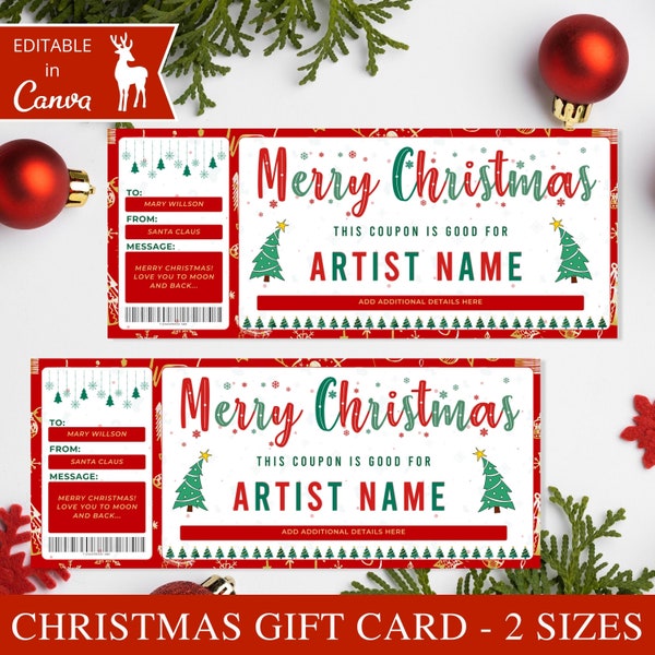 Boleto para concierto de Navidad I Plantilla Canva editable, Regalo personalizado para ella, Certificado de regalo de Navidad, Boleto para evento de Navidad,