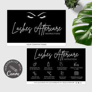 Tarjeta editable para el cuidado posterior de las pestañas / Plantilla de Canva para técnicos de pestañas / Instrucciones personalizables para extensiones de pestañas para pequeñas empresas