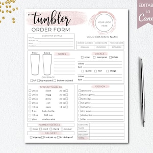 Könnte beinhalten: Ein druckbares Bestellformular für personalisierte Becher. Das Formular enthält Abschnitte für Kundendetails, Dekoroptionen, Designmöglichkeiten, Zahlungsdetails und Lieferoptionen. Das Formular ist mit einem pink-weißen Glitzerdesign verziert.