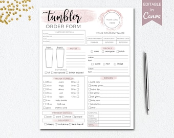 Editable Tumbler Order Form Template, Custom Tumbler Form, Printable Canva Template, Editable Tumbler Work Order, Instant Download. DTP-004