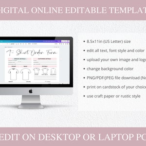 May include: Editable T-Shirt Order Form template in a digital format. The template is displayed on a computer screen and includes sections for order details, customer details, and a front, back, and details view of a t-shirt. The template is 8.5 x 11 inches (US Letter size).