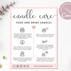 Food Candle Care Card Editable Template, Drink Candle Instructions, Cake Care Guide, Candle Small Business Inserts, Add Your Logo. DTP-030