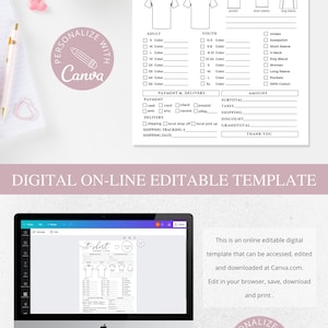 May include: A t-shirt order form template with sections for order details, customer information, and shirt specifications. The form includes options for adult and youth sizes, payment, and delivery. The words "Digital On-line Editable Template" are displayed.