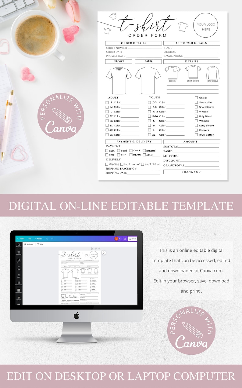 May include: A t-shirt order form template with sections for order details, customer information, and shirt specifications. The form includes options for adult and youth sizes, payment, and delivery. The words "Digital On-line Editable Template" are displayed.